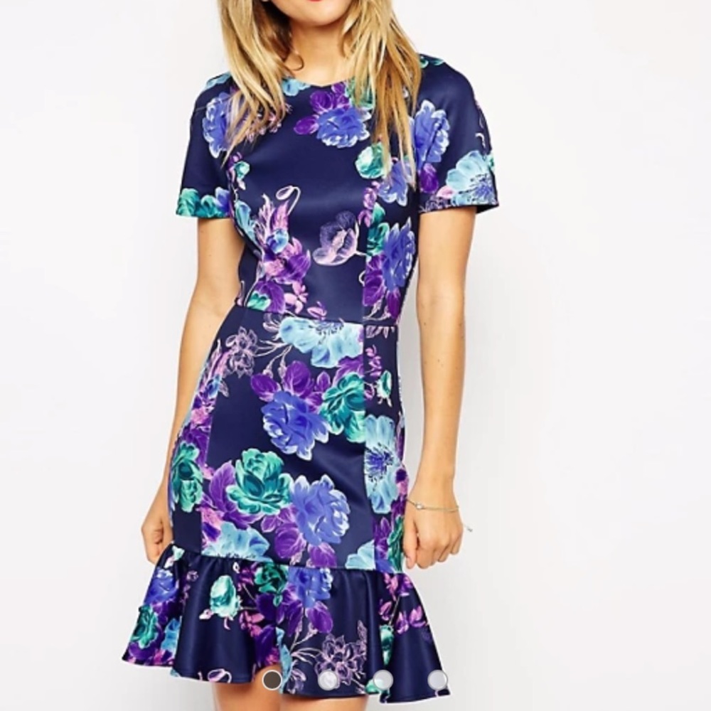 ASOS Pencil Dress Peplum Hem Floral Print Scuba